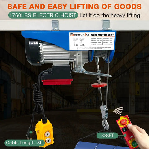 Dremvoist 1760Lb Electric Hoist Winch with remote control, 1450W motor and steel wire rope for garage lifting.