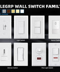 Variety of ELegrp wall switches including dimmer, light, sensor, and pilot switch in different colors.