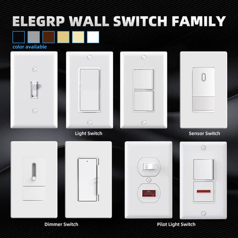 Variety of ELegrp wall switches including dimmer, light, sensor, and pilot switch in different colors.