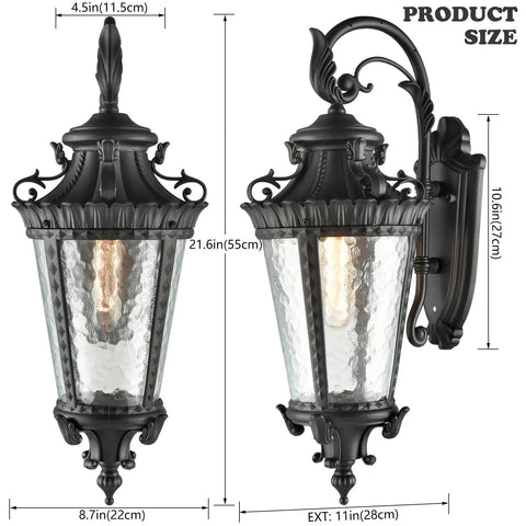 Dope Black Outdoor Wall Light Sconce With Rippled Water Glass Shade 21.6 Inch Tall Weatherproof Exterior Lantern dimensions
