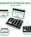 240 Piece Car Wire Loom Routing Clips Kit with 15 Sizes and Push Mount Cable Ties in storage box