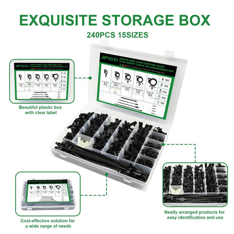 240 Piece Car Wire Loom Routing Clips Kit with 15 Sizes and Push Mount Cable Ties in storage box