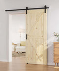 36 Inch By 84 Inch Sliding Barn Wood Door Pre Drilled DIY Ready To Assemble Unfinished Solid Spruce Panel Interior Single Door Natural Finish K Frame Rail Compatible For Six Foot To Six And A Half Foot Rail installed in living room
