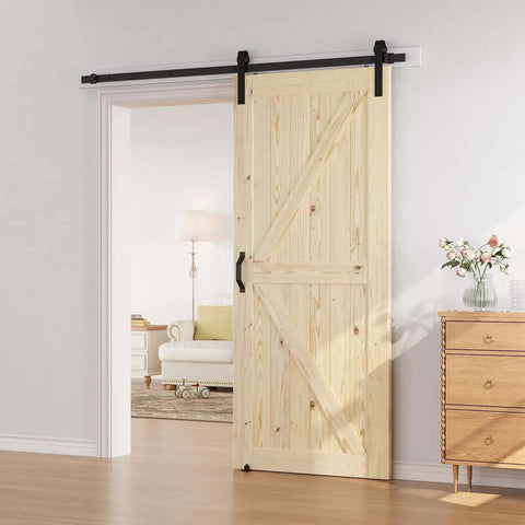 36 Inch By 84 Inch Sliding Barn Wood Door Pre Drilled DIY Ready To Assemble Unfinished Solid Spruce Panel Interior Single Door Natural Finish K Frame Rail Compatible For Six Foot To Six And A Half Foot Rail installed in living room
