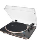 Audio Technica At-Lp70x Fully Automatic Belt Drive Turntable with clear lid, black and bronze finish, ideal for vinyl lovers.