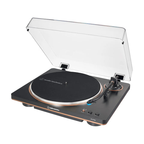 Audio Technica At-Lp70x Fully Automatic Belt Drive Turntable with clear lid, black and bronze finish, ideal for vinyl lovers.