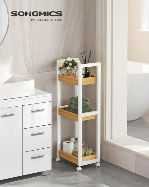 Ultra Slim Bamboo Rolling Cart With Three Adjustable Shelves Super Handy For Tiny Bathrooms And Narrow Passages Cool Spot For Showing Potted Greenery Or Stashing Shower Supplies Smooth Gliding Base With Locked Wheels Manages Serious Weight Without A Sweat