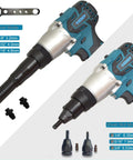 Heavy Duty Cordless Electric Rivet Nut Gun Kit For Installing Pop Rivets And Hex Insert Nuts Quick As A Wink With Dual Batteries showing various nozzles.