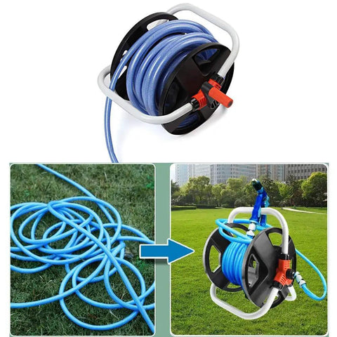 Portable Hose Reel Storage Shelf For One Half Inch Hose Up To 20 Meters Garden Hose Trolley on grass, before and after storage