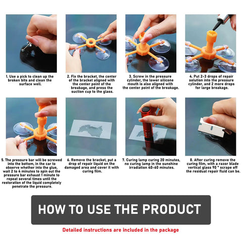 Instructions for using Windshield Repair Kit With Pressure Syringe For Quick Fix Of Chips Bulls Eye And Star Shaped Cracks