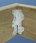 Heavy Duty Framing Angle Brace 1 7/16 X 2 1/2 Inches 18 Gauge Steel Zmax Galvanized Finish connecting wooden beams in corner.