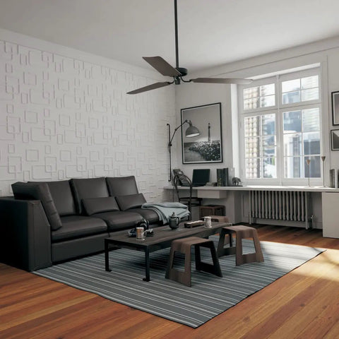 Odessa EnduraWall 3D Decorative Wall Panels 19 5 8 In W X 19 5 8 In H White installed in modern living room with black sofa and rug