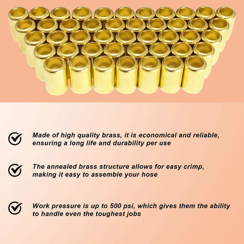 Brass Hose Ferrule Fittings 0.560 Inch ID By 1 Inch Long For Air Torch And Acetylene Hoses Repair, 50 Pack arrayed on background