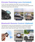 A229 Pro 4K HDR Dash Cam With Dual STARVIS 2 Sensors IMX678 And IMX675 showing CPL lens, Bluetooth remote, and effects on car images