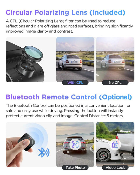 A229 Pro 4K HDR Dash Cam With Dual STARVIS 2 Sensors IMX678 And IMX675 showing CPL lens, Bluetooth remote, and effects on car images
