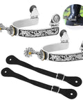 Rugged Western Cowboy Spurs With Belts For Men Stainless Steel Spurs With Engraved Pattern And Two Adjustable Leather Straps
