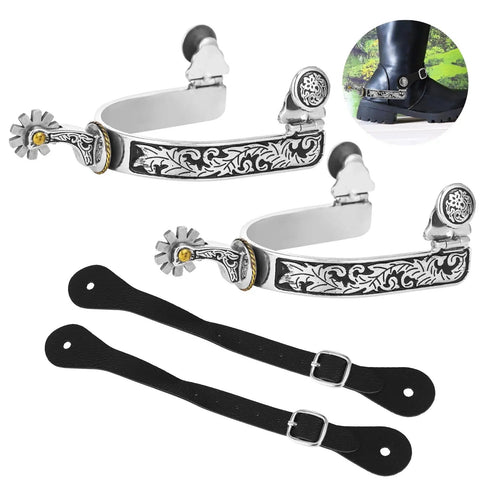 Rugged Western Cowboy Spurs With Belts For Men Stainless Steel Spurs With Engraved Pattern And Two Adjustable Leather Straps