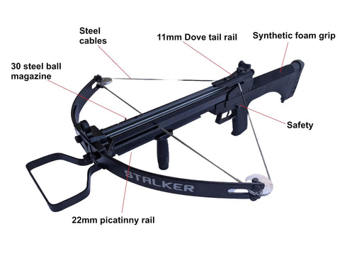 Beefy 100Lb Repeating Compound Crossbow With Steel Balls And Bolts, visible 30-ball magazine, dual rails, synthetic foam grip.