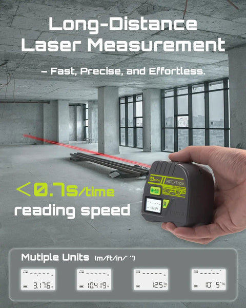 Two In One Laser Tape Measure With 130Ft Laser Range And 16Ft Tape, Digital Laser Meter With M In Ft Ft In Units, LCD Display, Self Locking Tape, Belt Clip For Quick, Accurate DIY And Professional Jobs, handheld in unfinished room