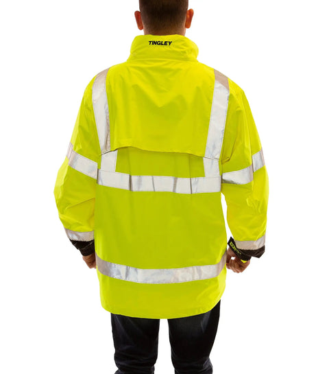 Rear view of Icon LTE High Visibility Waterproof Jacket With Attached Hood For The Jobsite, ANSI Compliant, in fluorescent yellow green.