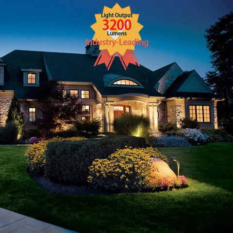 Ultra Bright PAR38 LED Flood Light Bulbs Delivering 3200 Lumens, illuminating house front and garden at night