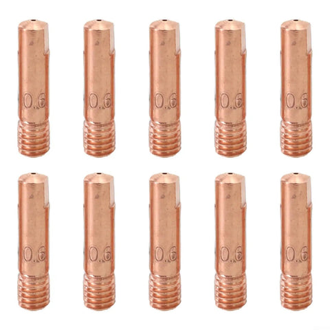 10 Pack MIG Welding Tips M6 Nozzles Copper, Heavy-Duty High Temp Resistant Set For 0.6mm To 1.2mm Wire shown in close-up.