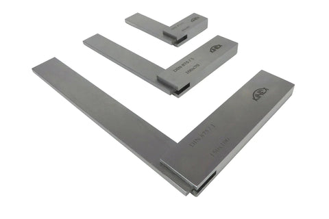 Solid Machinist Square Set Three Piece 2 3/8 Inch 4 Inch And 6 Inch Squares For Precision Work, 60mm 100mm 150mm, DIN 875/1 Tolerance Within 18 Microns