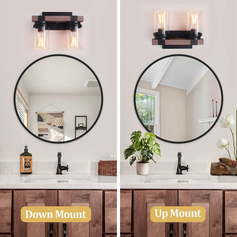 Two Light Farmhouse Vanity Light Over Mirror With Faux Wood Grain Finish showing down and up mount options in bathroom.
