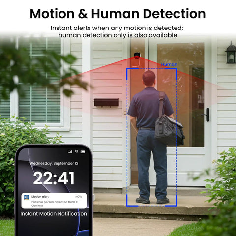 No Drill Window Camera Kit 2K 2 Pack With Dual Band WiFi Two Point Four GHz And Five GHz Dome Cameras For Indoor And Outdoor Home Security Color Night Vision Human Detection 24 Seven Recording Ideal For Apartment in use for human detection at a front door.
