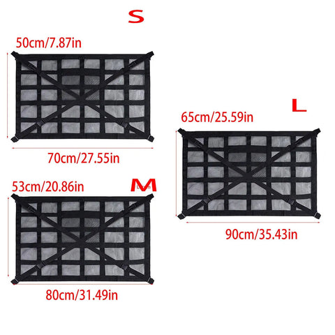 Sizes of Overhead Roof Handle Storage Net With Reinforced Mesh Adjustable Straps Car Organizer in small, medium, large.