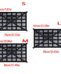Three sizes of Extra Large Car Ceiling Cargo Net With Reinforced Mesh For Overhead Storage, showing dimensions in cm and inches.