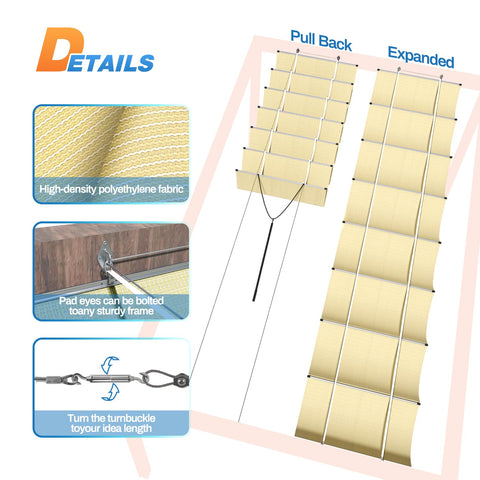Diagram showing 3 By 16 Foot Retractable Pergola Shade Cover With Wave Shade Sail UV Protective 220GSM Poly Fabric details