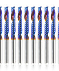 Ten 1/8-inch shank tungsten carbide O-flute upcut CNC router bits, blue-coated, front view