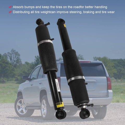 Rear Air Strut Shock Absorber For 2002 To 2014 Cadillac Escalade, Chevy Avalanche in front of SUV and landscape background.