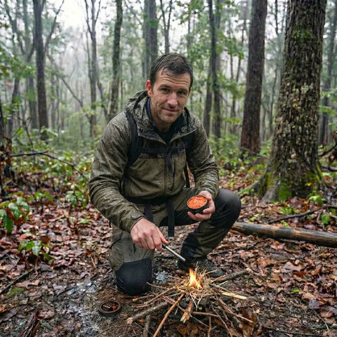 Man using Waterproof Tinder Fire Wax For Wet Wood And Emergency Kits 60g Tin Delivers Up To 50 Lights And Burns For Up To 5 Minutes Per Use