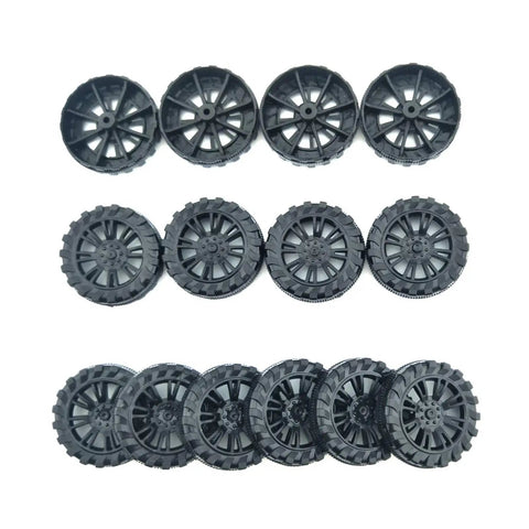 DIY RC Toy Wheel And Shaft Kit With 100 Black Plastic Wheels And 50 2Mm X 100Mm STEM Shafts for model builds, wheels visible.