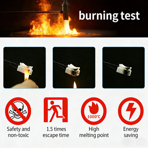 Effortless Push In Terminal Connectors Set 2 Pin Spring Loaded Wires 18 To 28 AWG in burning test showing safety icons.