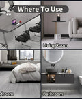 Image showing different rooms for wood filler kit use: office desk, living room sofa, bedroom bed, bathroom sink area.