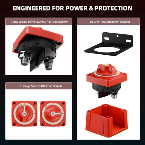 Heavy Duty 12 to 48V Battery Disconnect Switch with Mounting Bracket Waterproof Marine Isolator 300A Continuous 900A Cranking
