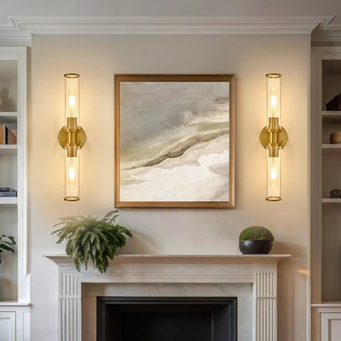 Battery Operated Wireless Wall Sconces With Remote 2 Pack Gold Dimmable Glass Wall Lights installed above fireplace