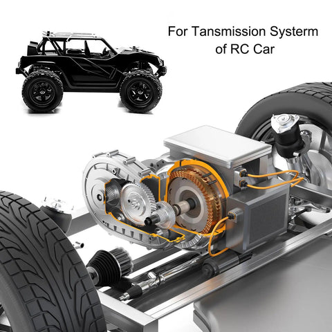 RC car transmission system with 2 Pack 1 Mod 10T Pinion Gear 5mm Bore 304 Stainless Steel 20 Degree Pressure Angle visible