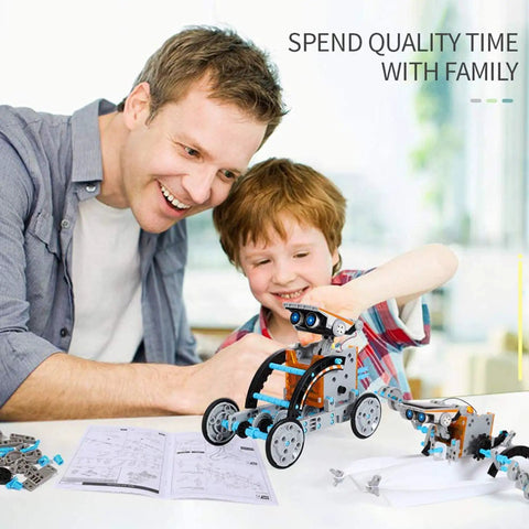 A child and adult assembling the 12 In 1 Solar Power Robot Kit For Kids Aged 8 To 13, hands-on learning and fun together.