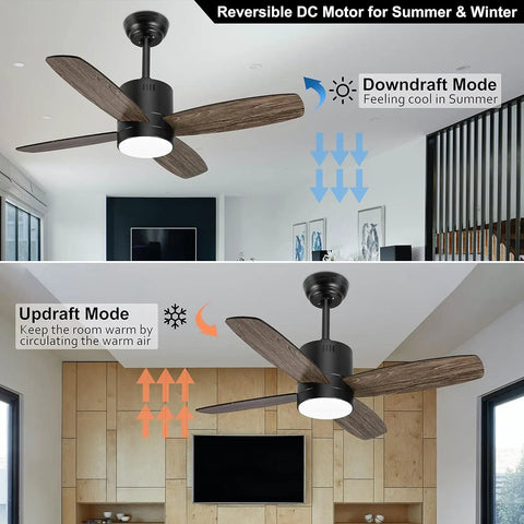38 Inch Ceiling Fan With Lights Remote Control For Patio And Outdoor Spaces App Control Dimmable Quiet DC Motor Perfect For Sunroom Screen Porch Living Room And Bedroom Black, showing downdraft and updraft modes.