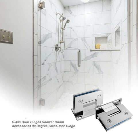 Beefy Frameless Glass Shower Door Hinges Set, Heavy Duty 304 Stainless Steel, Mirror Polished Finish, displayed in modern shower