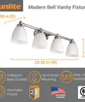 Four Light Vanity Sconce With Dope Frosted Bell Shade In Brushed Nickel Reversible Wall Fixture For Bathroom Or Powder Room 100 Watt Max UL Listed Indoor Lighting For Home And Commercial Use, shown with dimensions and features.