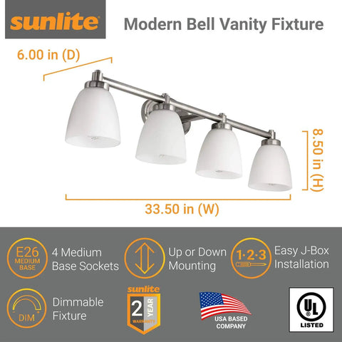 Four Light Vanity Sconce With Dope Frosted Bell Shade In Brushed Nickel Reversible Wall Fixture For Bathroom Or Powder Room 100 Watt Max UL Listed Indoor Lighting For Home And Commercial Use, shown with dimensions and features.