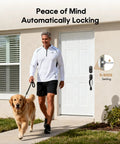Robust As Hell Slick Fingerprint Smart Door Lock With Keypad And Touchscreen Automatic Deadbolt Oil Rubbed Bronze Finish installed at front door.