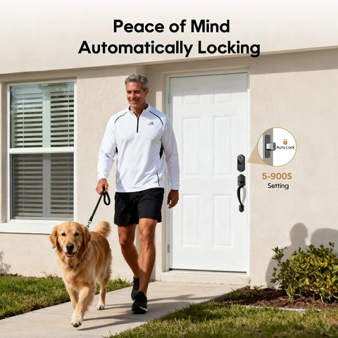 Robust As Hell Slick Fingerprint Smart Door Lock With Keypad And Touchscreen Automatic Deadbolt Oil Rubbed Bronze Finish installed at front door.