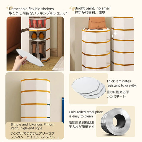 360 Spin Lazy Susan Shoe Organizer Octagon Vertical Tower featuring detachable shelves and sleek gold accents.