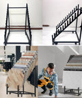 Hella Heavy Duty 12 Tier Metal Tile Display Rack With Wheels displaying various tiles in a retail setting, showcasing steel frame and organization.